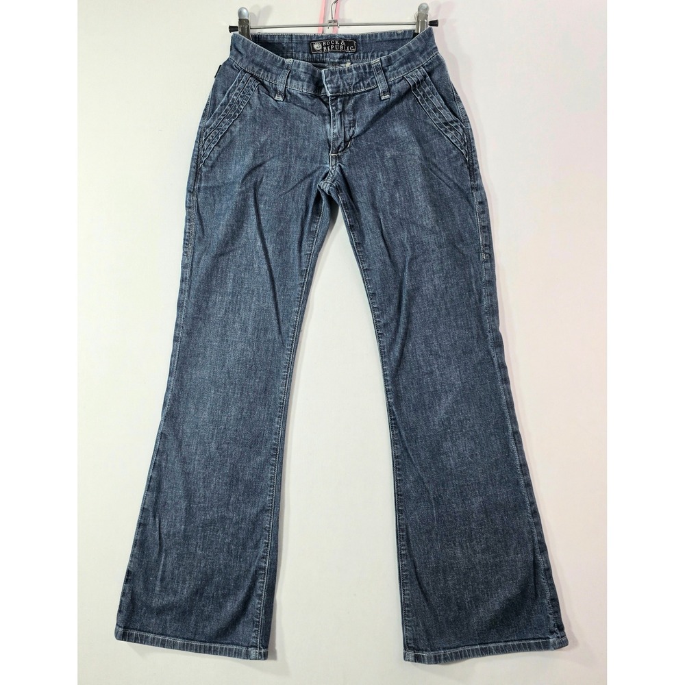 Rock & Republic Low Rise Flare Jeans Dark Wash Blue Size 24 Y2K Hook Eye Closure